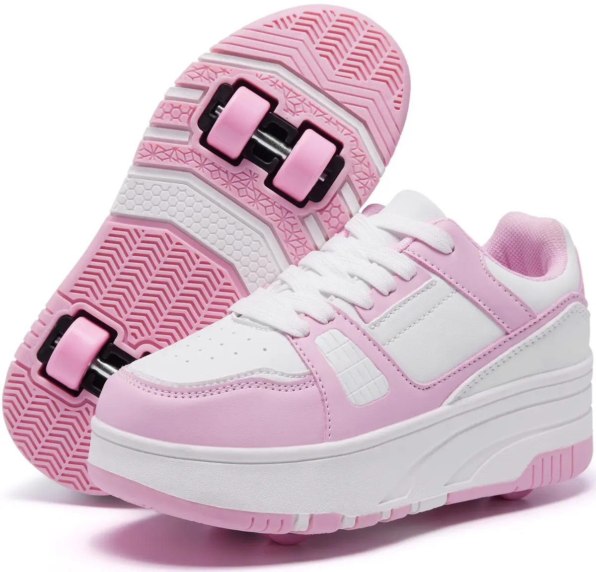 ANEFUN Kids Roller Skate Shoes 5 Big Kid Pink-White | Detachable 4-Wheel Design for Active Play - main product image