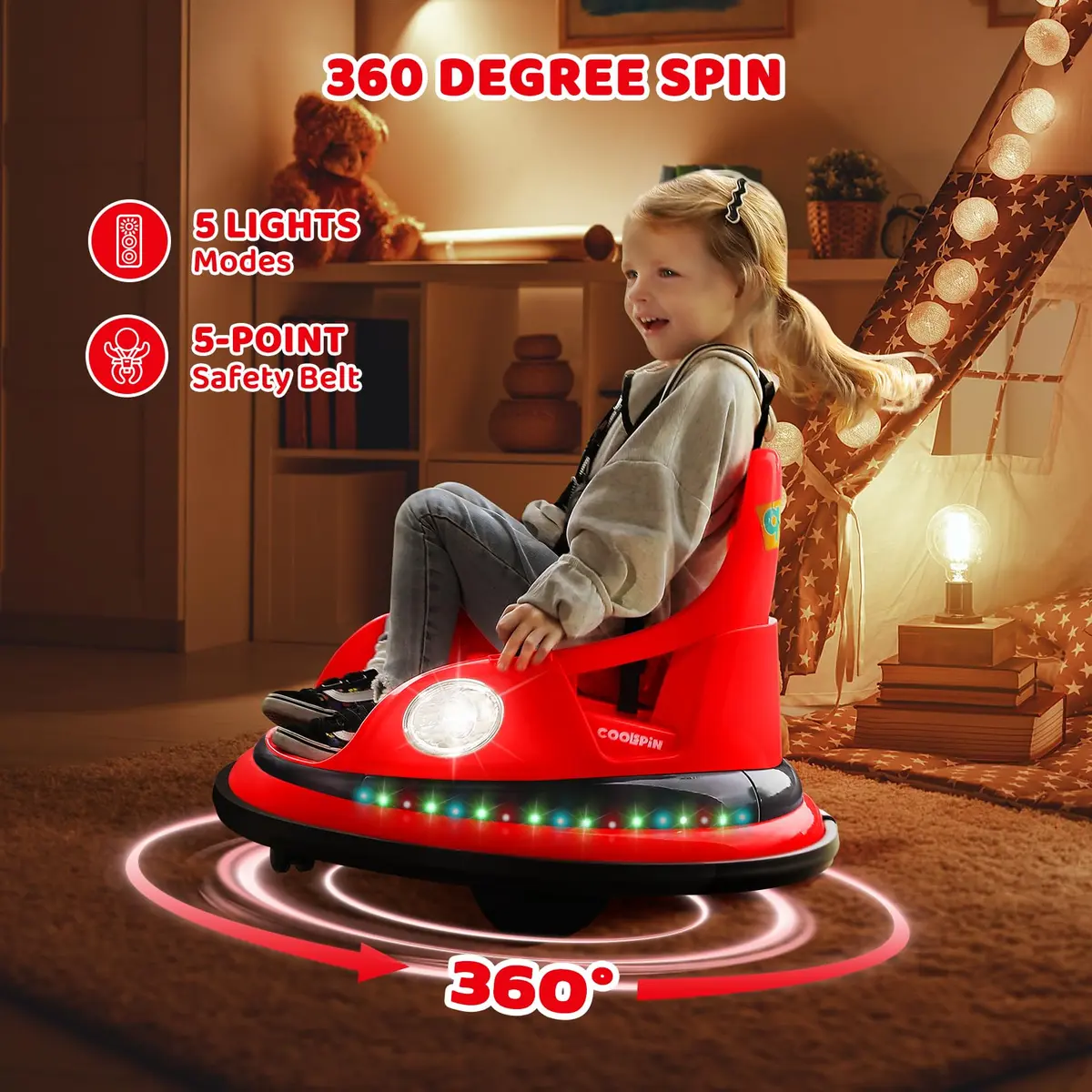 ELEMARA Kids Bumper Car 12V Ride-On, Red | 1.9 mph Max Speed, 66 lbs Capacity, Bluetooth Music, 5 Lighting Modes - view 5