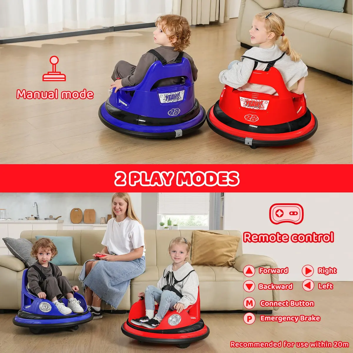 ELEMARA Kids Bumper Car 12V Ride-On, Red | 1.9 mph Max Speed, 66 lbs Capacity, Bluetooth Music, 5 Lighting Modes - view 6