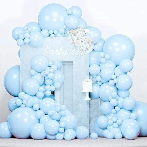 PartyWoo Baby Blue Balloons 140pcs Assorted Sizes (18, 12, 10, 5 Inch) | Pastel Balloon Arch Kit for Indian Celebrations - main product image