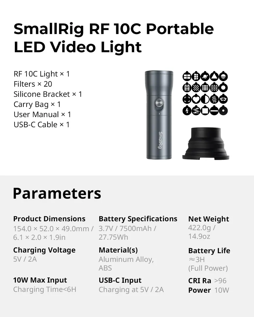 SmallRig RF 10C 10W Zoomable LED Photography Flashlight 154mm (6.1in) | Portable Spotlight for Video & Photography - view 9