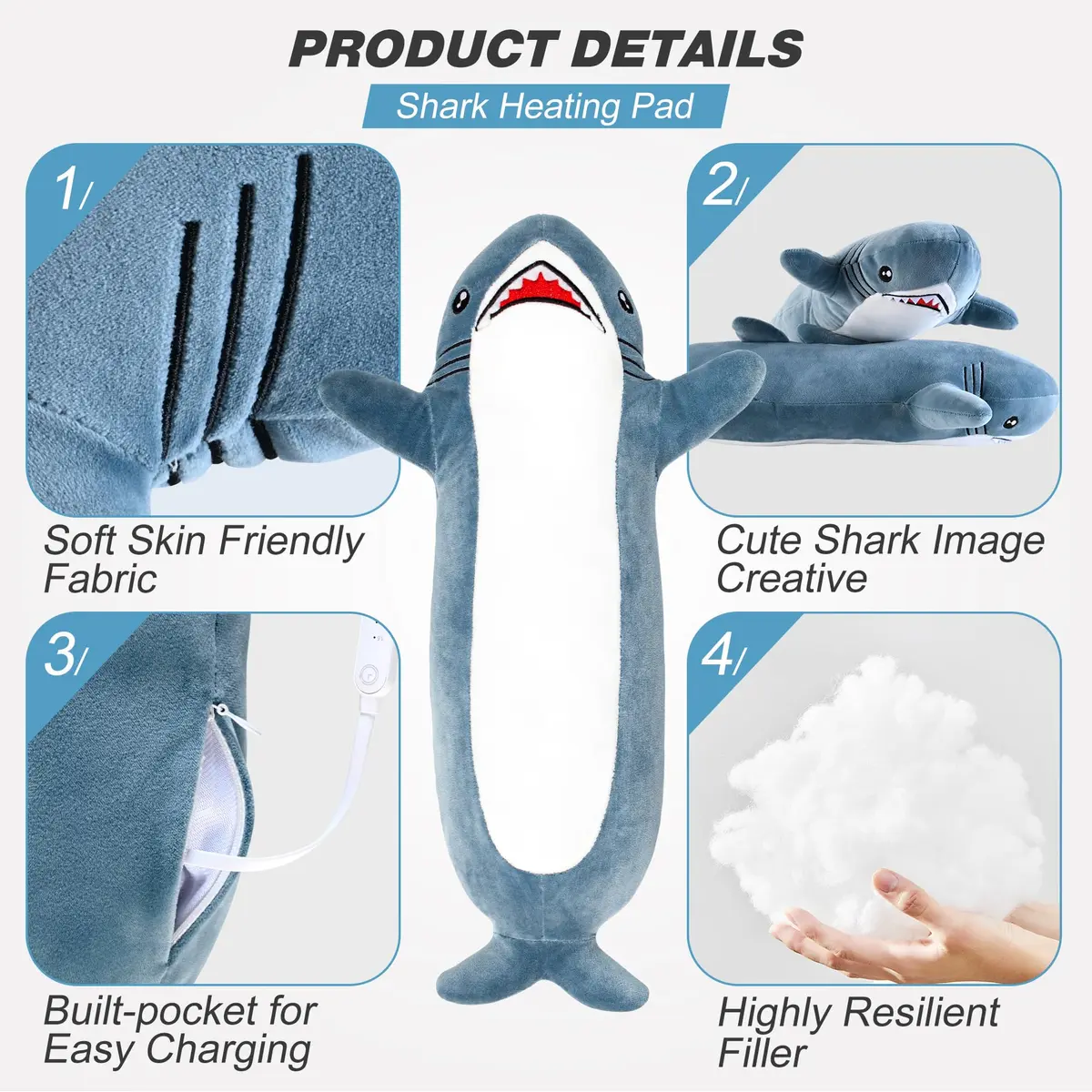 HOTHUGZ Shark Heating Pad for Period, Electric Belly & Back Warmth | USB Plush Shark - view 5
