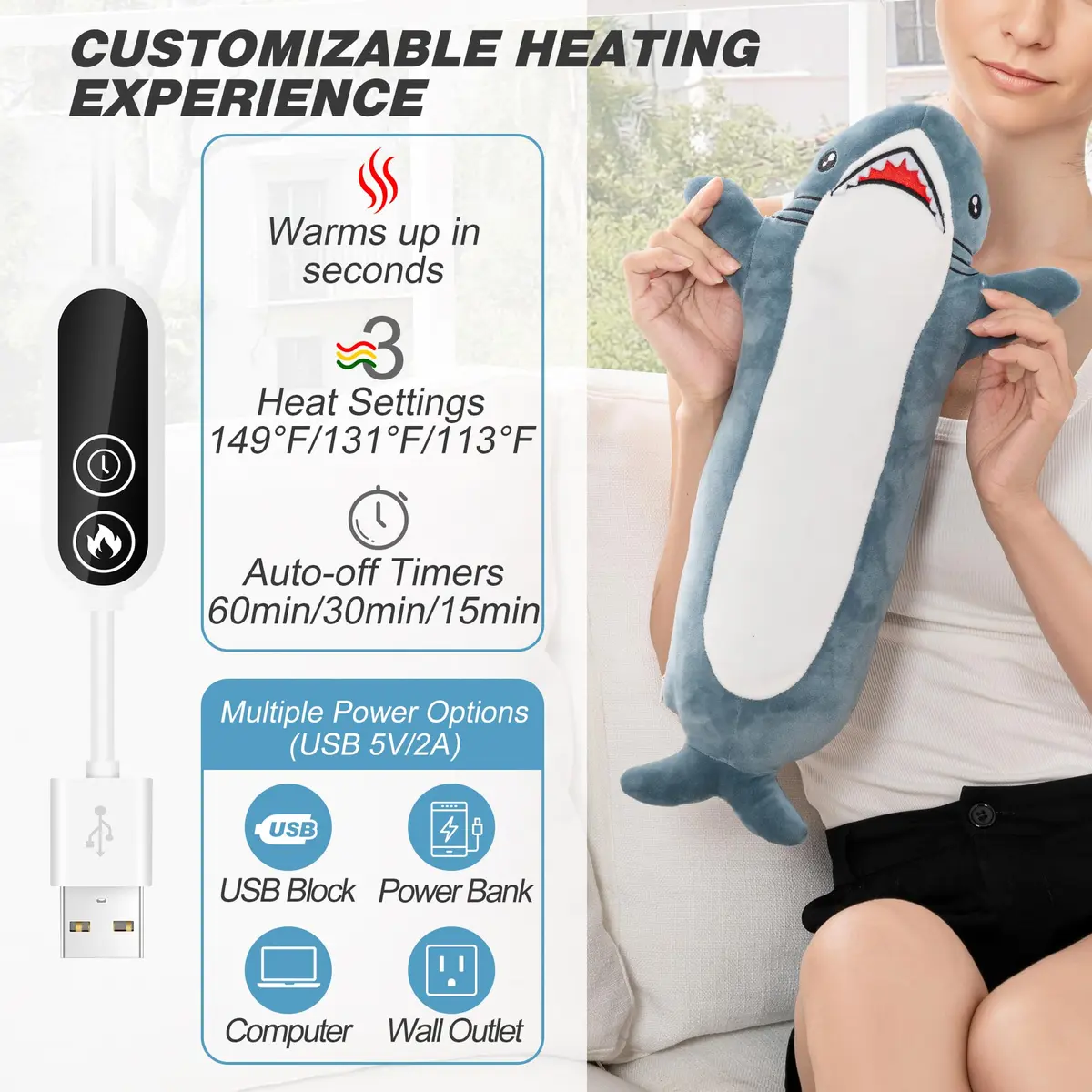 HOTHUGZ Shark Heating Pad for Period, Electric Belly & Back Warmth | USB Plush Shark - view 3