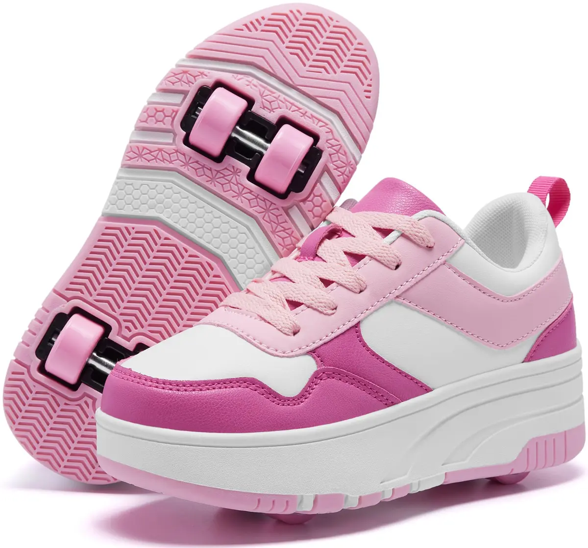 ANEFUN Kids Roller Skate Shoes 12 Little Kid Pink-White | Detachable 4-Wheel Safety Sneakers - main product image
