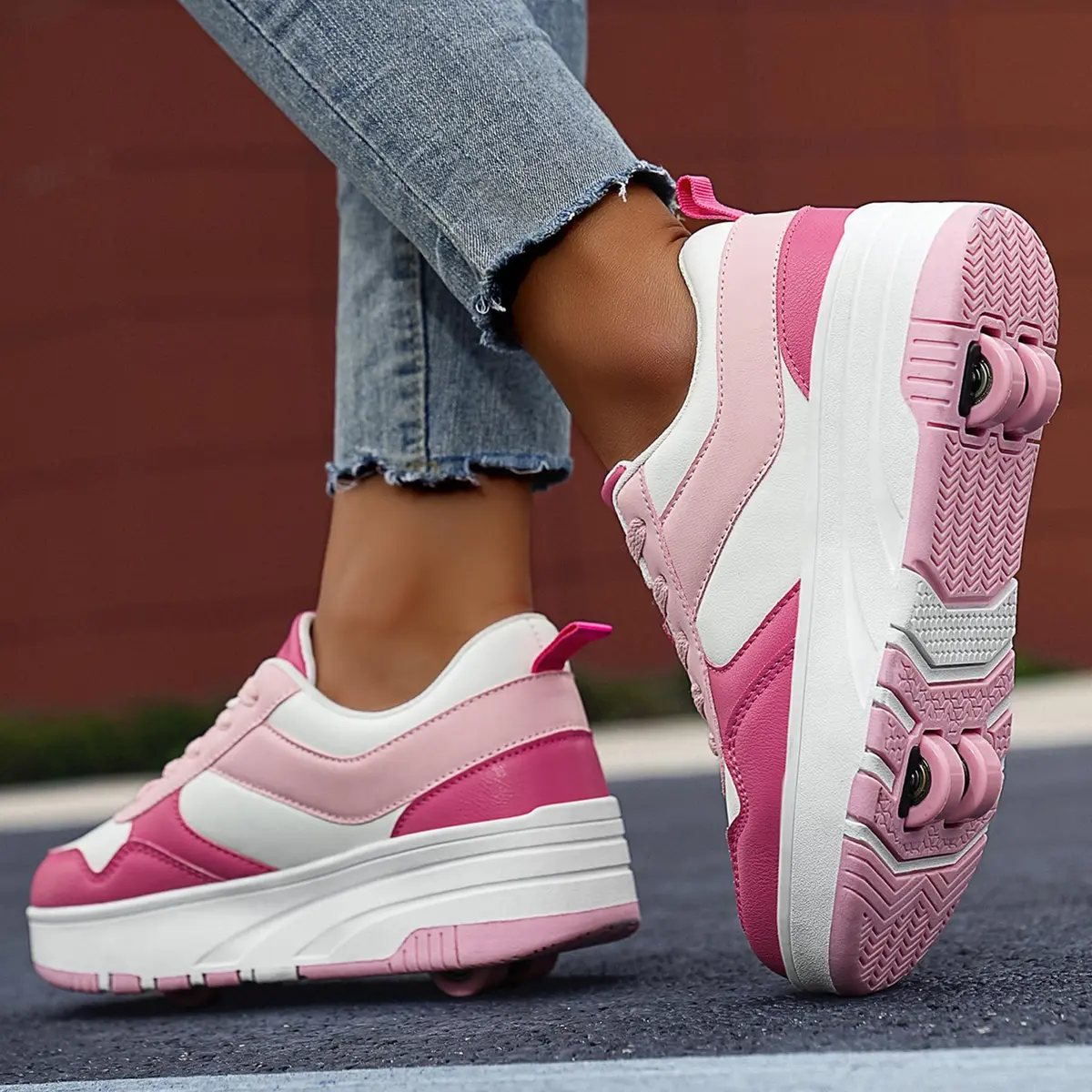 ANEFUN Kids Roller Skate Shoes 12 Little Kid Pink-White | Detachable 4-Wheel Safety Sneakers - view 2
