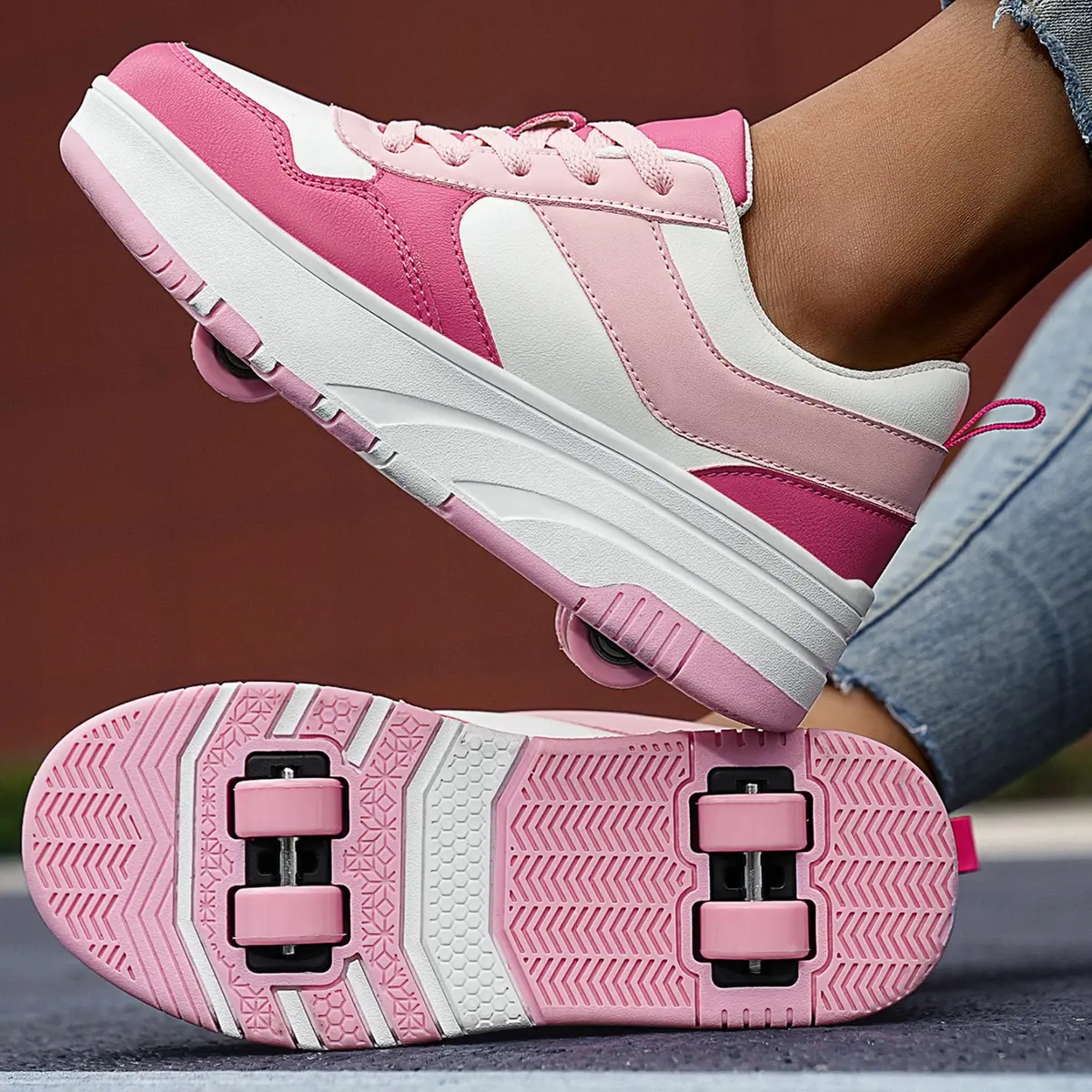 ANEFUN Kids Roller Skate Shoes 12 Little Kid Pink-White | Detachable 4-Wheel Safety Sneakers - view 3