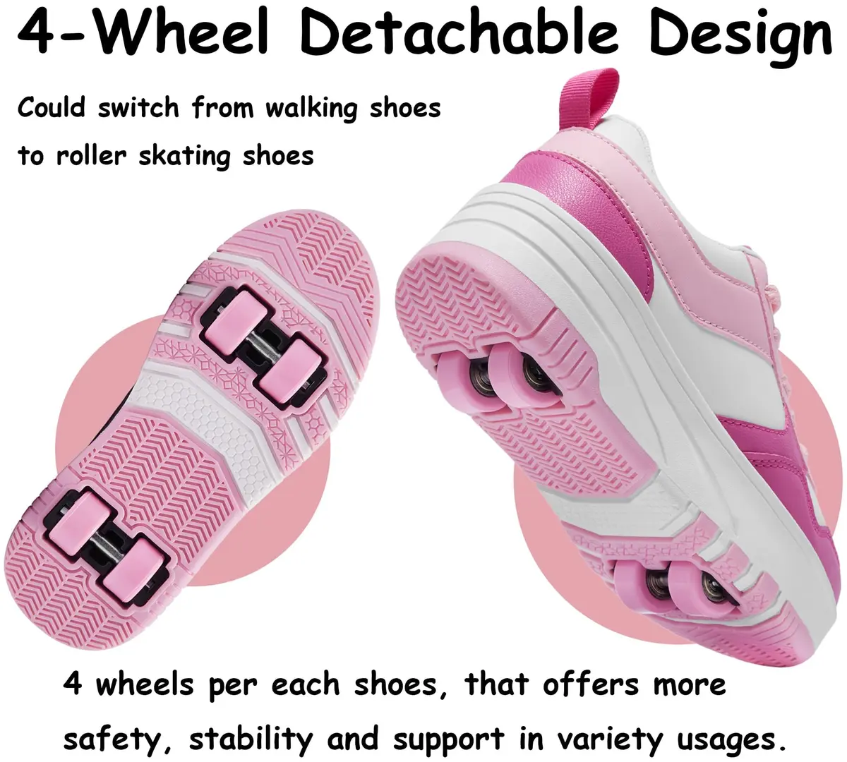 ANEFUN Kids Roller Skate Shoes 12 Little Kid Pink-White | Detachable 4-Wheel Safety Sneakers - view 4