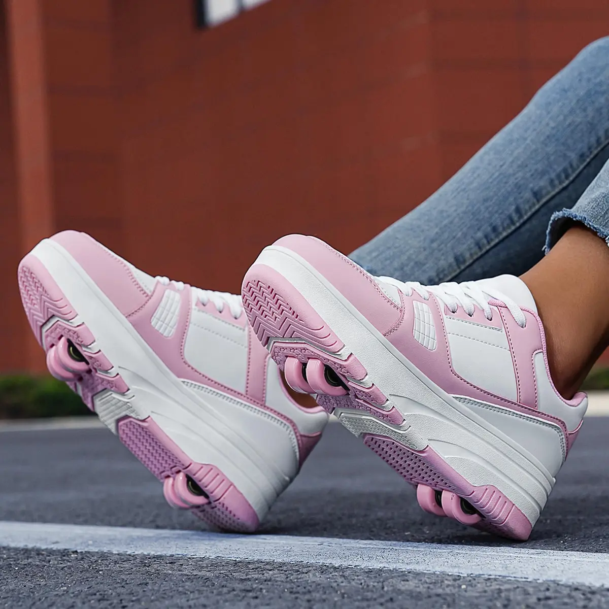 ANEFUN Detachable Wheeled Roller Skate Shoes for Kids Girls Boys - Pink-White 1 Little Kid | Convertible Sneakers with 4 Wheels - view 2