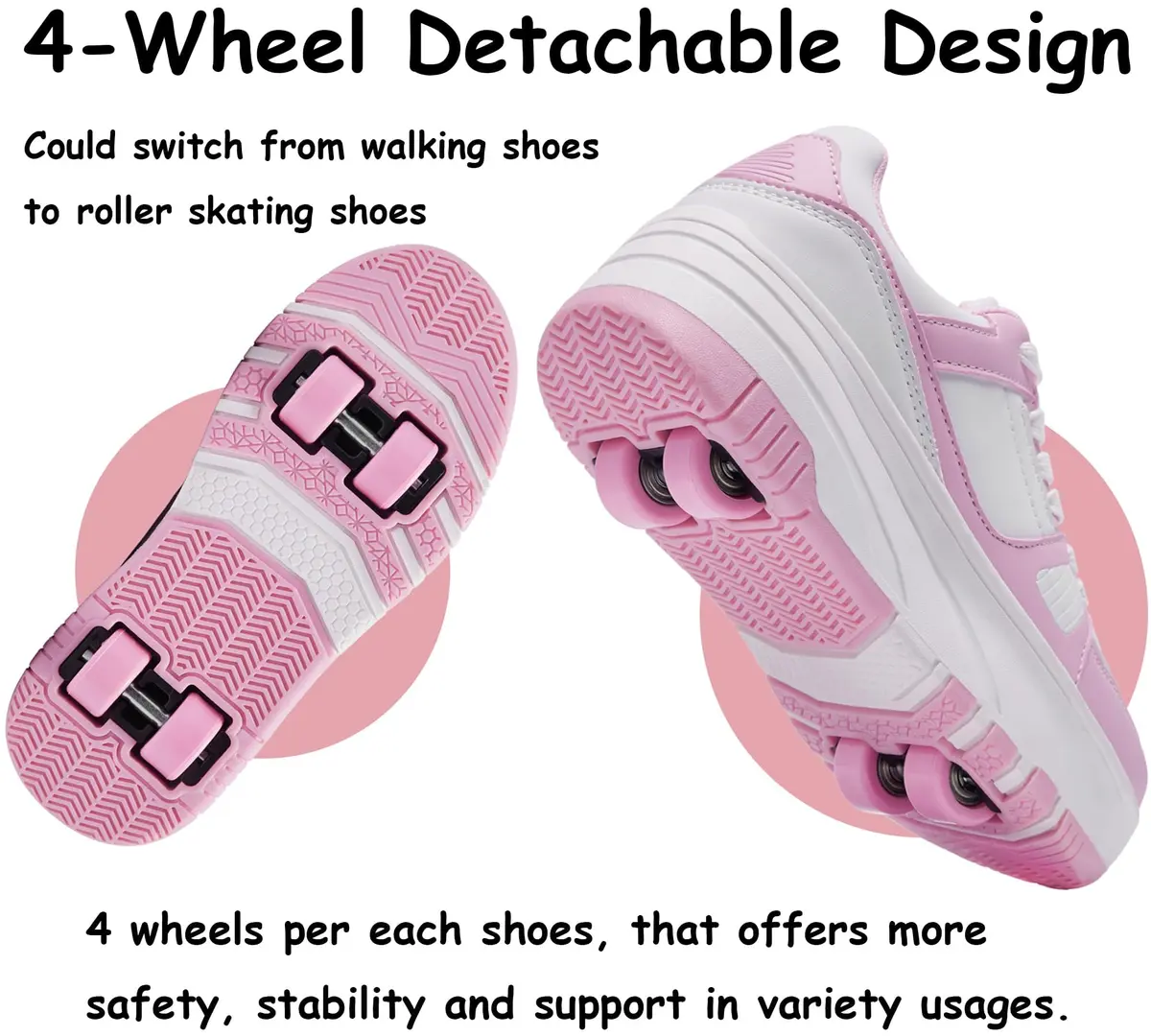 ANEFUN Detachable Wheeled Roller Skate Shoes for Kids Girls Boys - Pink-White 1 Little Kid | Convertible Sneakers with 4 Wheels - view 4