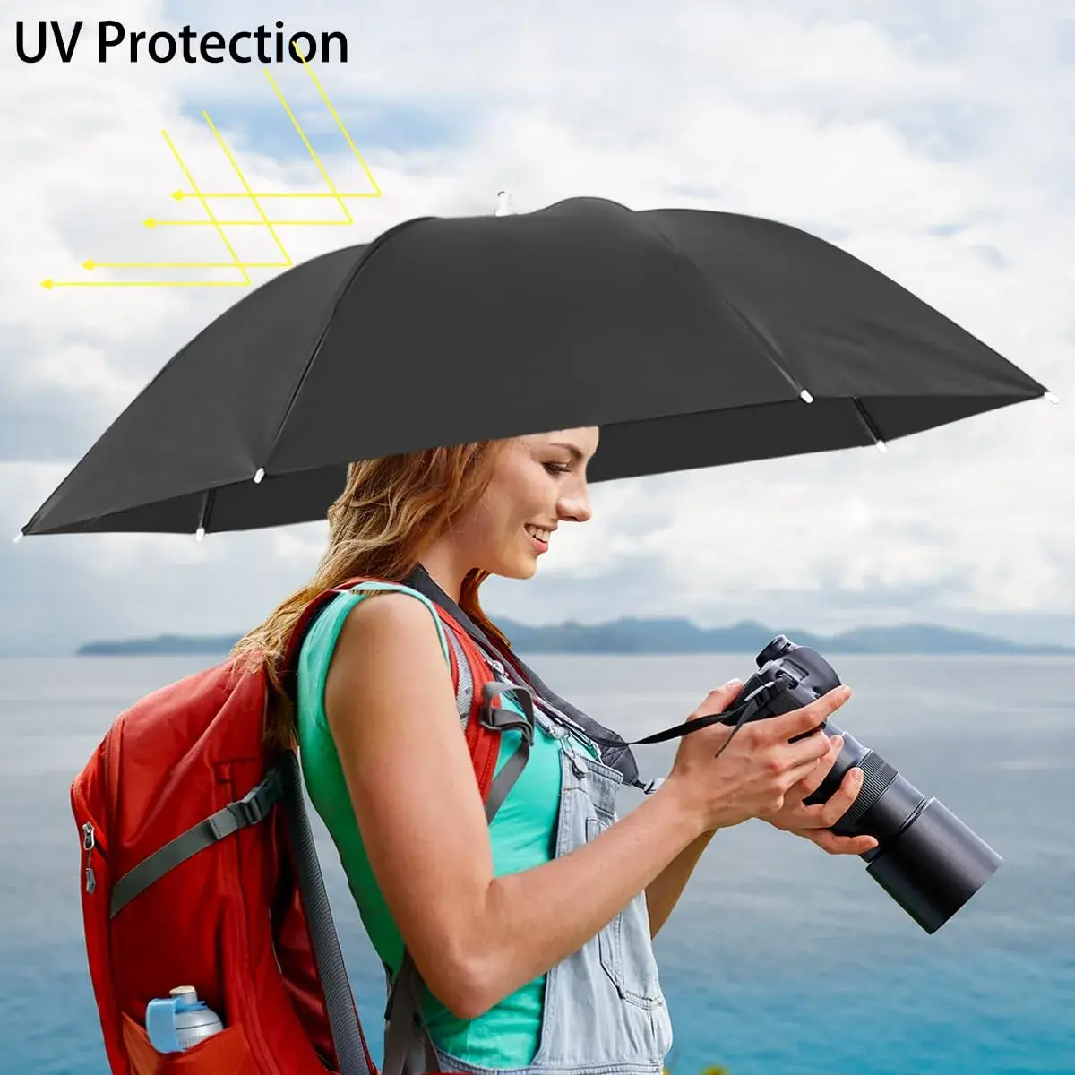 Bocampty Black Umbrella Hat, 37" Diameter | Hands-Free UV Protection for Fishing & Outdoors - view 3
