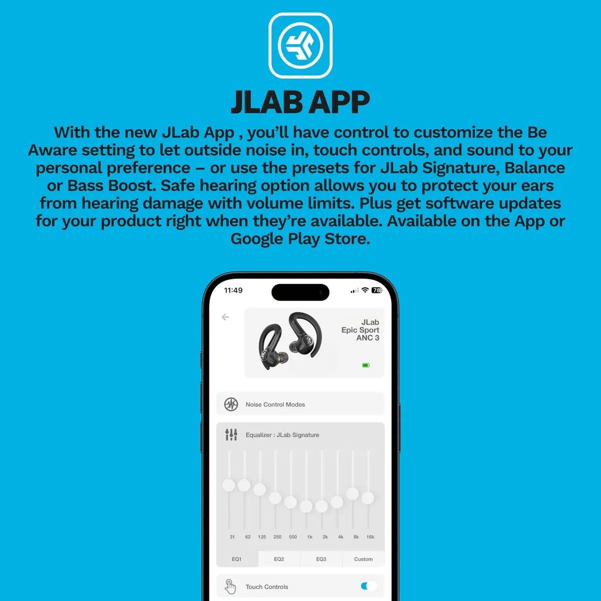 JLab Epic Air Sport ANC 3 Wireless Earbuds | Active Noise Cancelling Sport Earphones, 68+ Hour Battery, IP66 Sweatproof, Bluetooth 5.3, Black - view 5