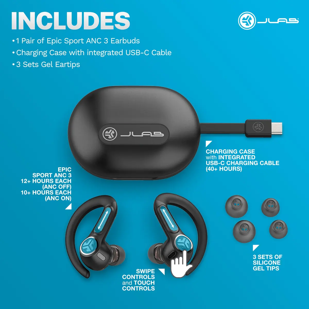 JLab Epic Air Sport ANC 3 Wireless Earbuds | Active Noise Cancelling Sport Earphones, 68+ Hour Battery, IP66 Sweatproof, Bluetooth 5.3, Black - view 7