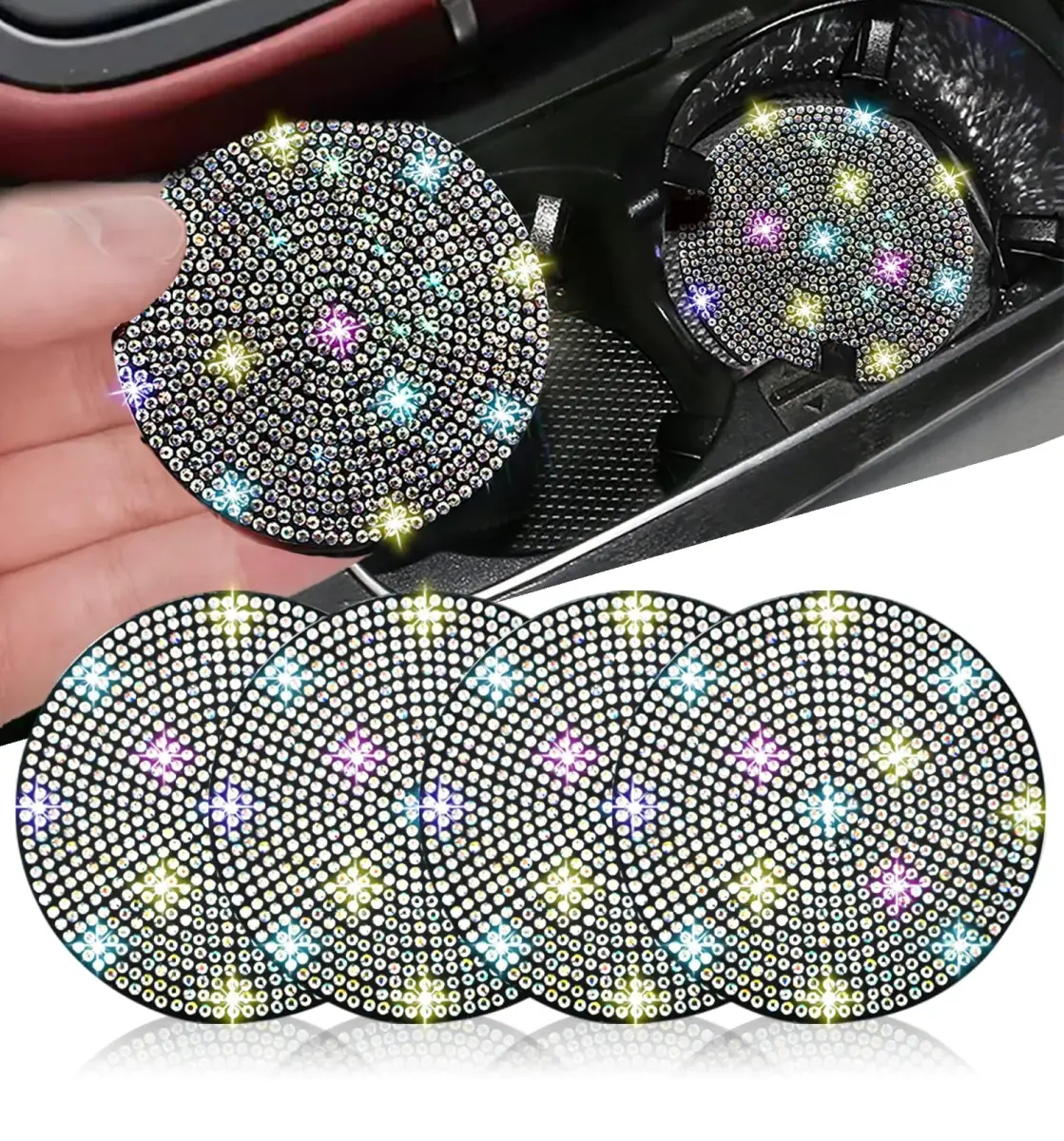 NBTEPEM Multicolor Bling Car Cup Holder Coasters - 2.75 inch, 4 Pieces - main product image