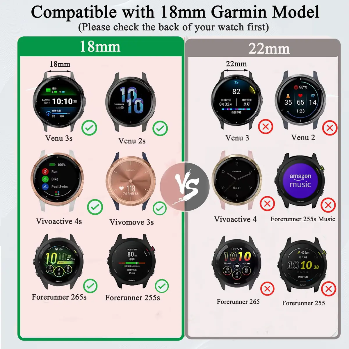 TUCOMO Slim Silicone Watch Band 18mm | Compatible with Garmin Venu 3S/4S, Vivoactive 4S, Forerunner 255s/265S | Soft Narrow Sport Replacement Strap for Women Men - view 2