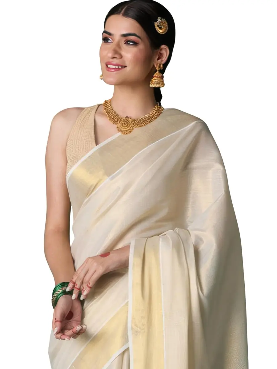 DhevStylish Kerala Kasavu Golden Tissue Saree with Running Blouse 6.25 Mtrs | Authentic Indian Weave - main product image