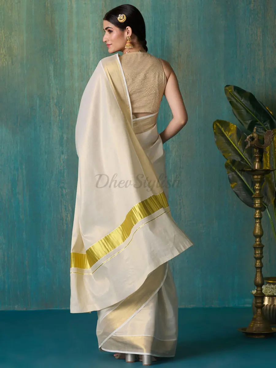 DhevStylish Kerala Kasavu Golden Tissue Saree with Running Blouse 6.25 Mtrs | Authentic Indian Weave - view 5