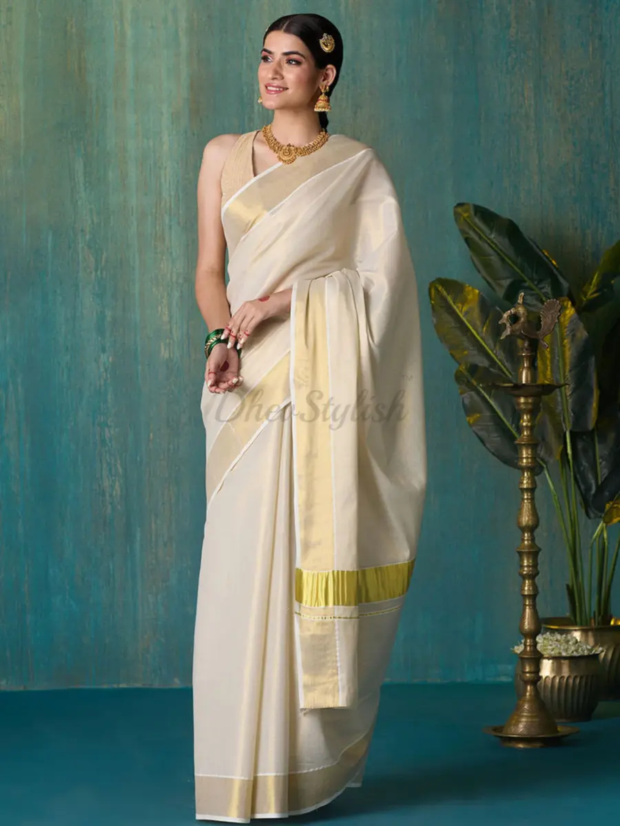 DhevStylish Kerala Kasavu Golden Tissue Saree with Running Blouse 6.25 Mtrs | Authentic Indian Weave - view 2