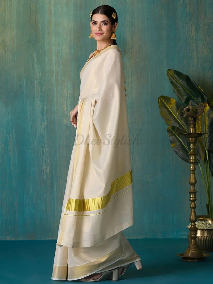 DhevStylish Kerala Kasavu Golden Tissue Saree with Running Blouse 6.25 Mtrs | Authentic Indian Weave - view 3