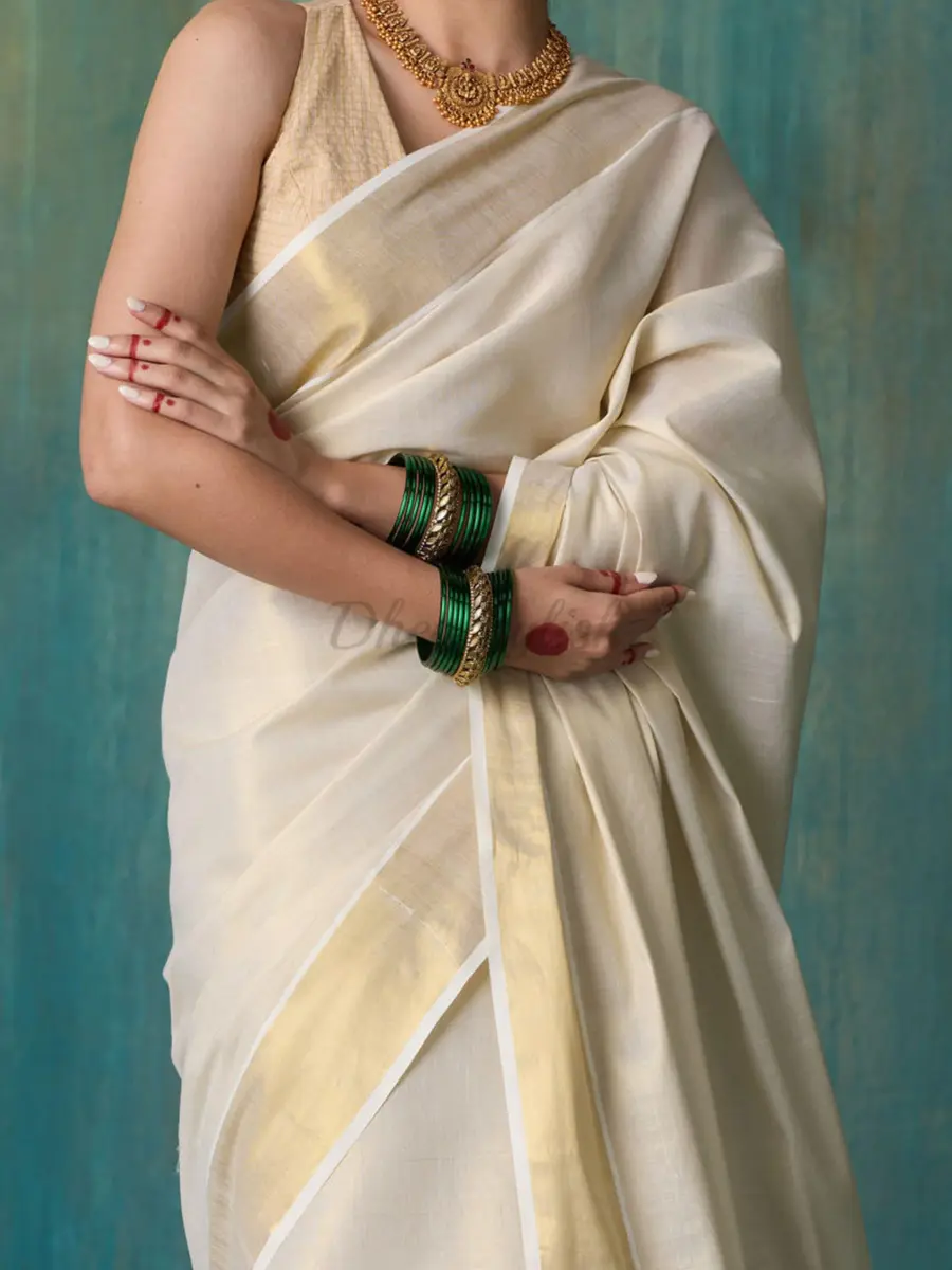 DhevStylish Kerala Kasavu Golden Tissue Saree with Running Blouse 6.25 Mtrs | Authentic Indian Weave - view 4