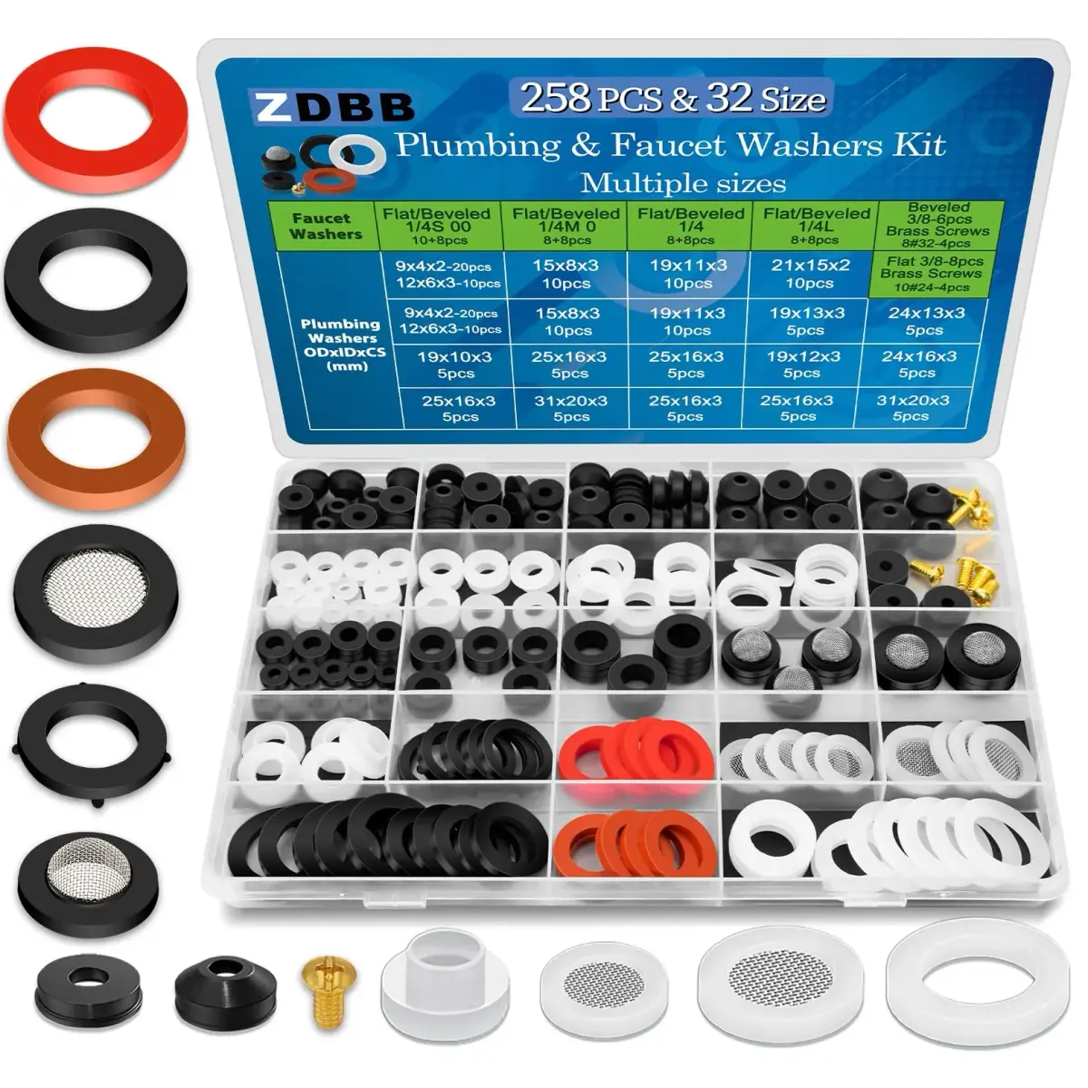 ZDBB 258 Pcs Faucet Washer & Hose Gasket Kit | Assorted Sizes for Outdoor Faucet & Garden Hose Repair - main product image