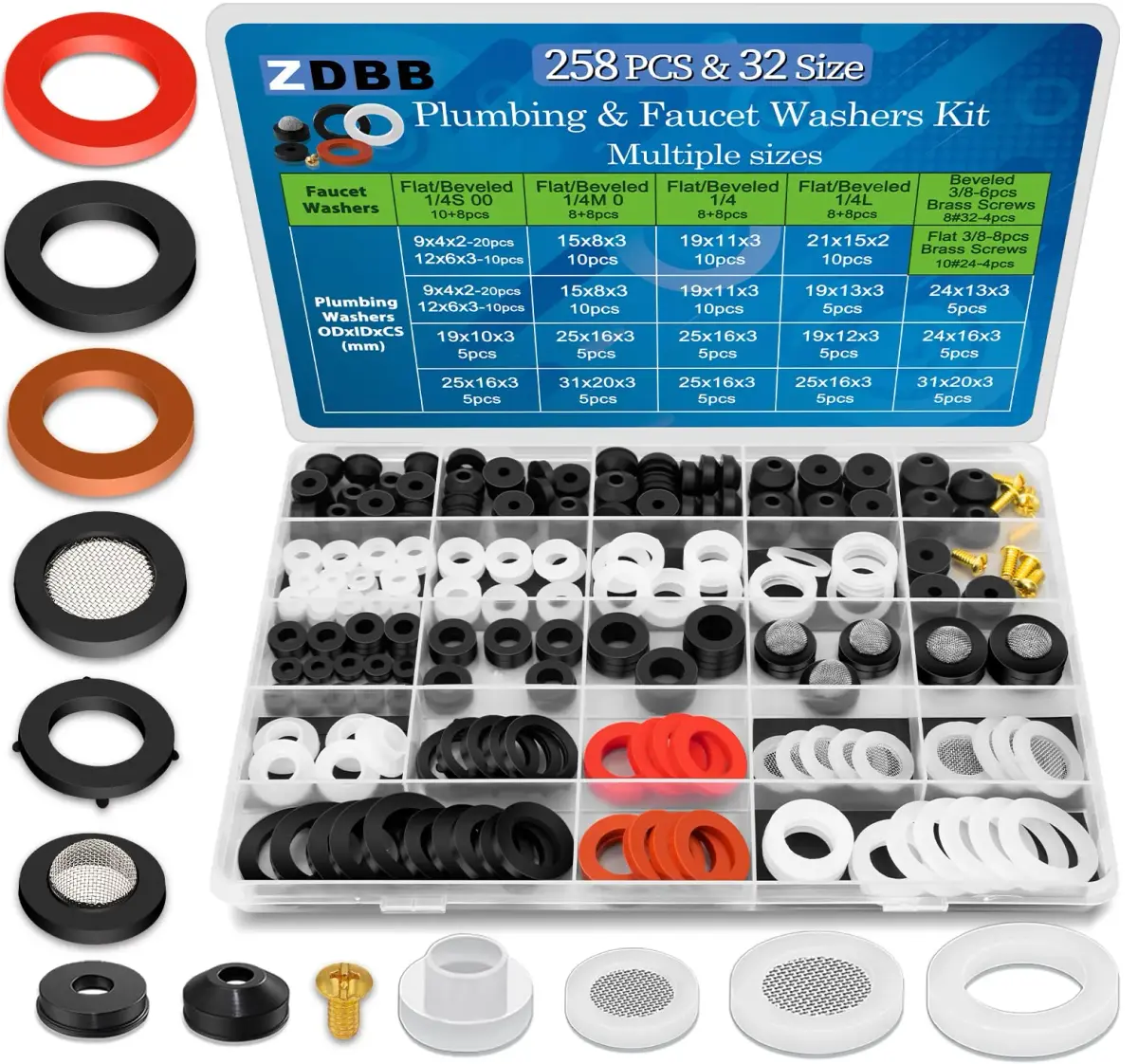 ZDBB 258 Pcs Faucet Washer & Hose Gasket Kit | Assorted Sizes for Outdoor Faucet & Garden Hose Repair - main product image