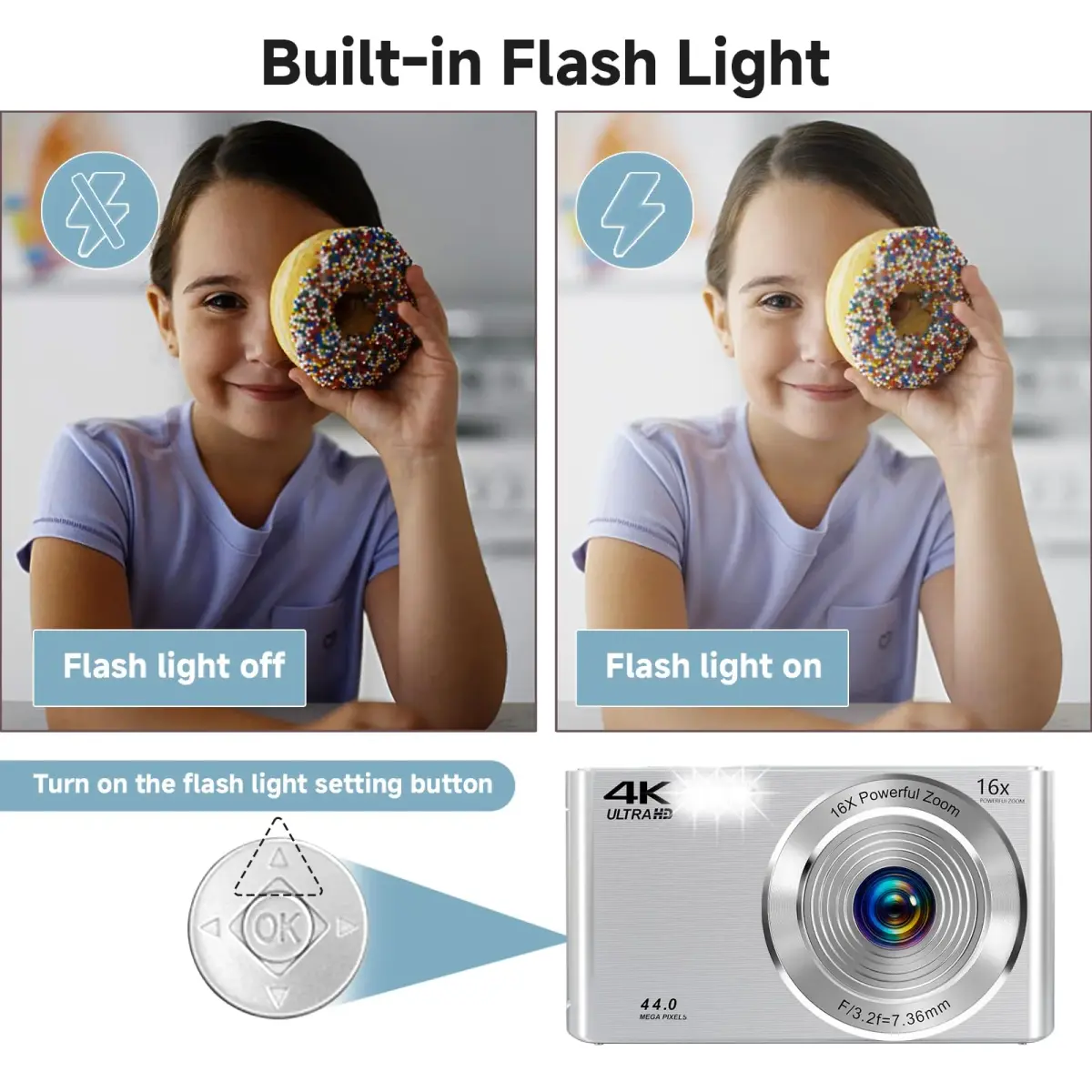 SMARTKLIK Digital Camera 44MP 4K FHD Silver | 16x Digital Zoom, 64GB SD Card Included - view 7