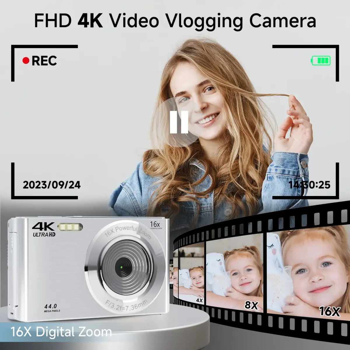 SMARTKLIK Digital Camera 44MP 4K FHD Silver | 16x Digital Zoom, 64GB SD Card Included - view 2