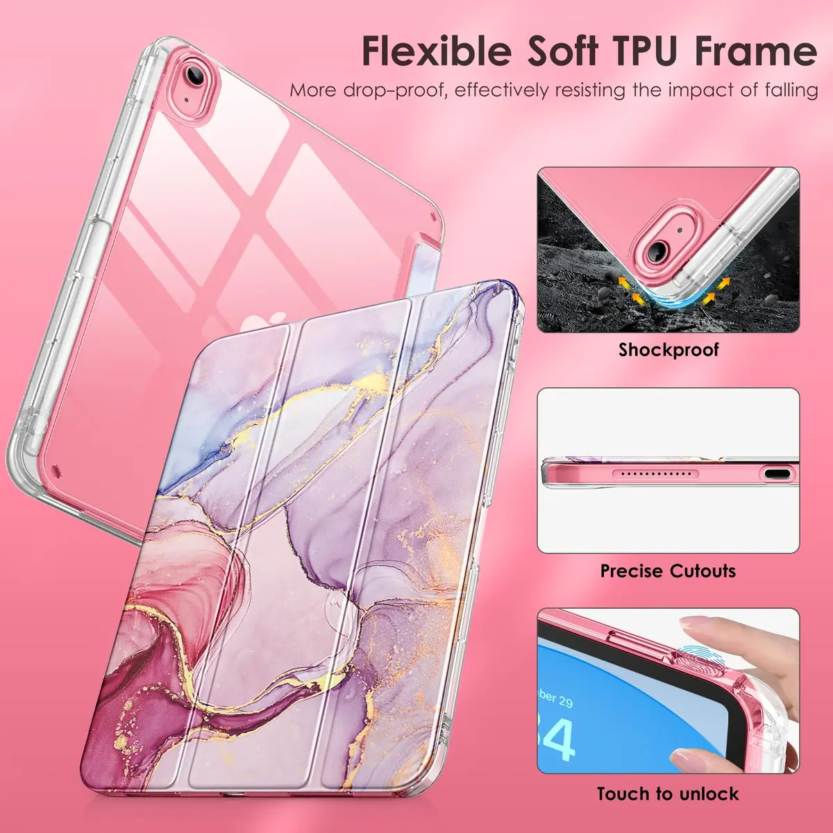 DTTO Clear Case for iPad (A16) 11th Gen 11-inch & 10th Gen, Pink Marble | Shockproof & Transparent - view 3