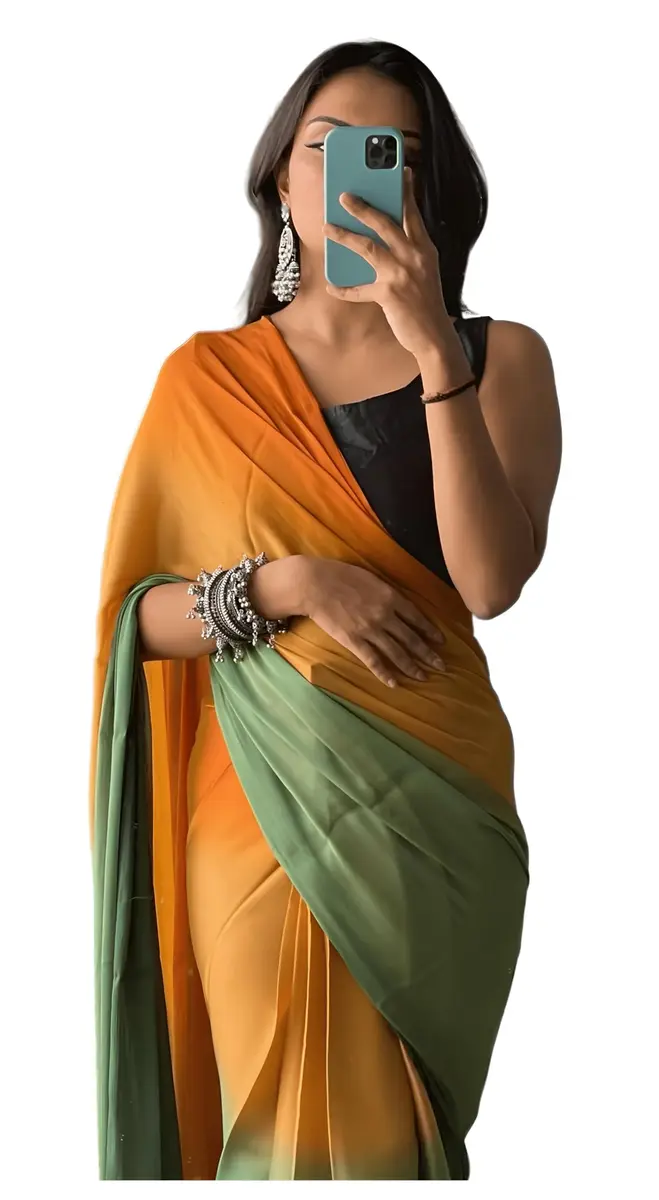 StyleScope Ombre Effect Ready-to-Wear Saree with Unstitched Blouse Piece - Green-Orange, 140 cm (55 in) Length | Pre-Pleated for 1-Minute Wear - main product image