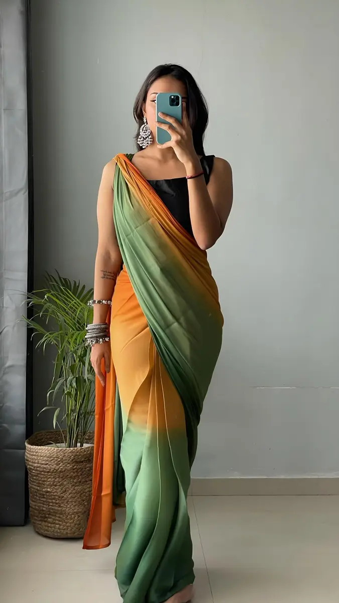 StyleScope Ombre Effect Ready-to-Wear Saree with Unstitched Blouse Piece - Green-Orange, 140 cm (55 in) Length | Pre-Pleated for 1-Minute Wear - view 5