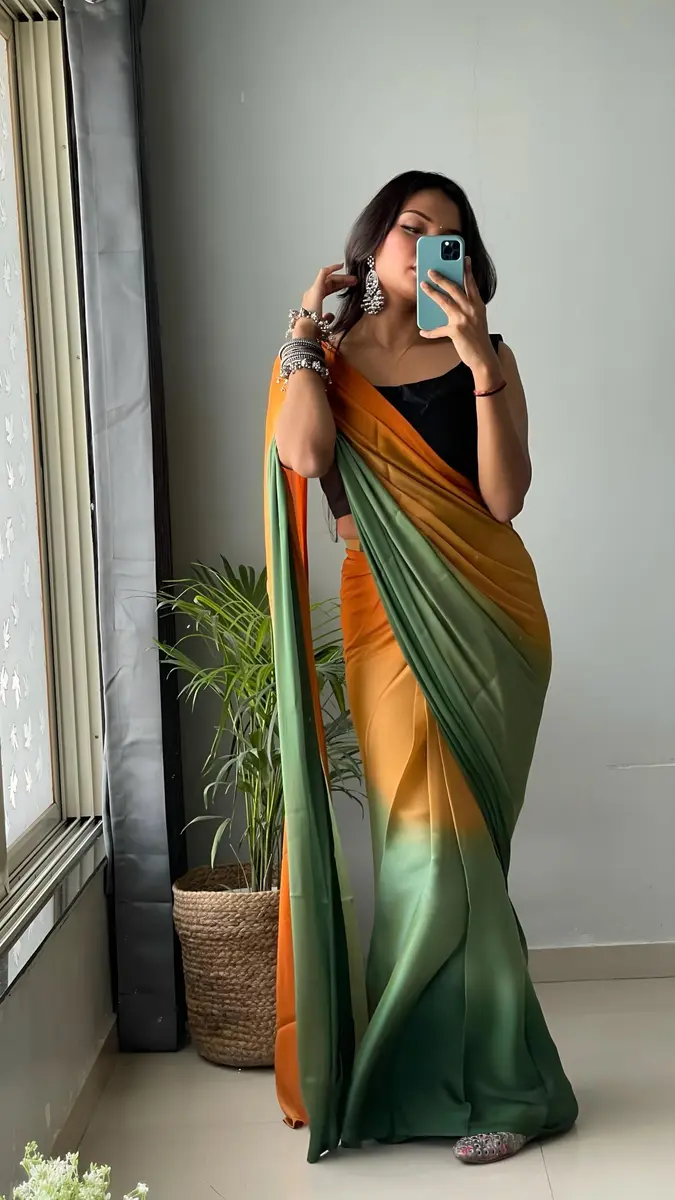 StyleScope Ombre Effect Ready-to-Wear Saree with Unstitched Blouse Piece - Green-Orange, 140 cm (55 in) Length | Pre-Pleated for 1-Minute Wear - view 6