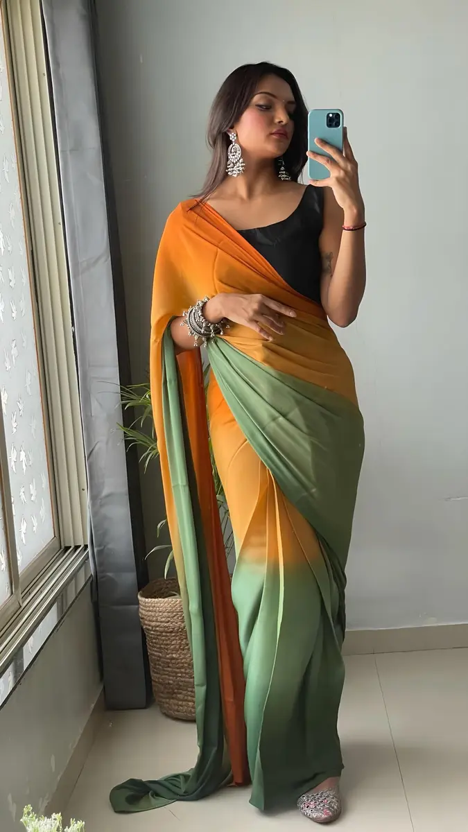 StyleScope Ombre Effect Ready-to-Wear Saree with Unstitched Blouse Piece - Green-Orange, 140 cm (55 in) Length | Pre-Pleated for 1-Minute Wear - view 7
