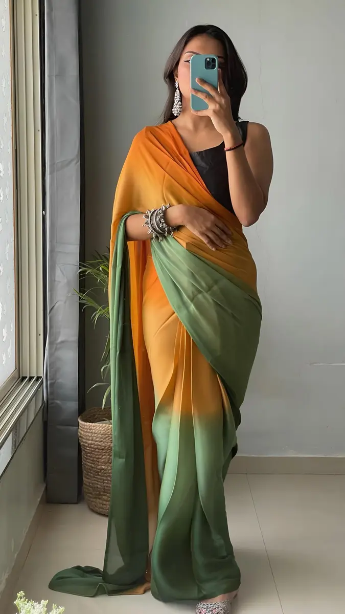 StyleScope Ombre Effect Ready-to-Wear Saree with Unstitched Blouse Piece - Green-Orange, 140 cm (55 in) Length | Pre-Pleated for 1-Minute Wear - view 8