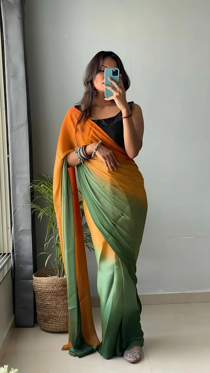 StyleScope Ombre Effect Ready-to-Wear Saree with Unstitched Blouse Piece - Green-Orange, 140 cm (55 in) Length | Pre-Pleated for 1-Minute Wear - view 9
