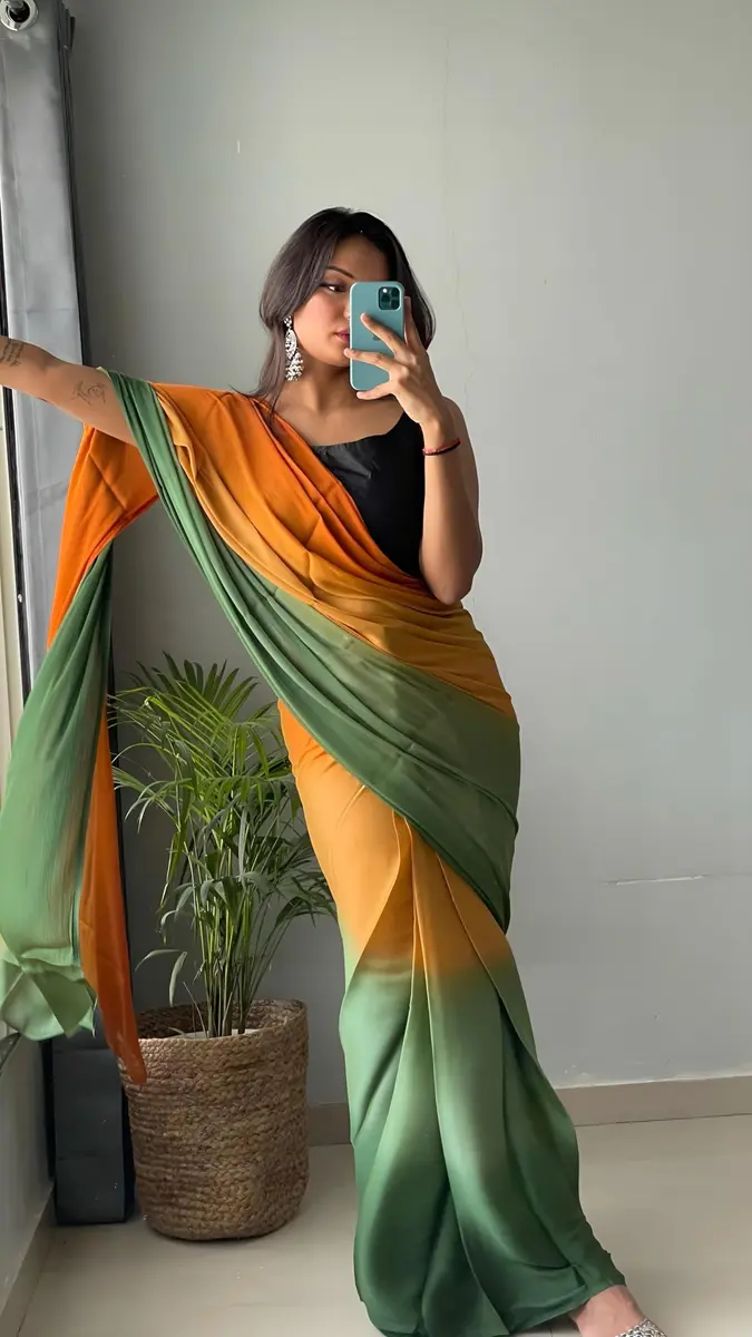 StyleScope Ombre Effect Ready-to-Wear Saree with Unstitched Blouse Piece - Green-Orange, 140 cm (55 in) Length | Pre-Pleated for 1-Minute Wear - view 2