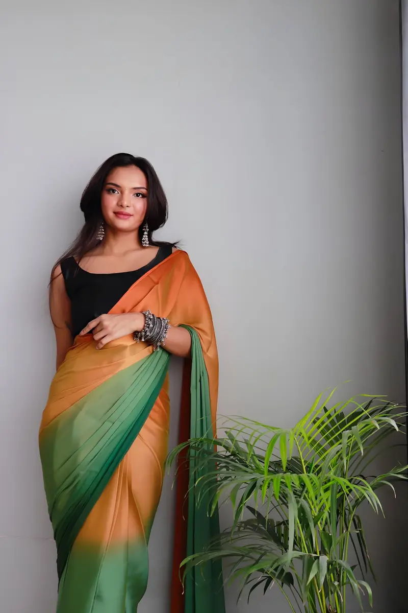 StyleScope Ombre Effect Ready-to-Wear Saree with Unstitched Blouse Piece - Green-Orange, 140 cm (55 in) Length | Pre-Pleated for 1-Minute Wear - view 3