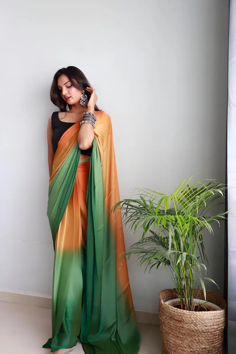 StyleScope Ombre Effect Ready-to-Wear Saree with Unstitched Blouse Piece - Green-Orange, 140 cm (55 in) Length | Pre-Pleated for 1-Minute Wear - view 4