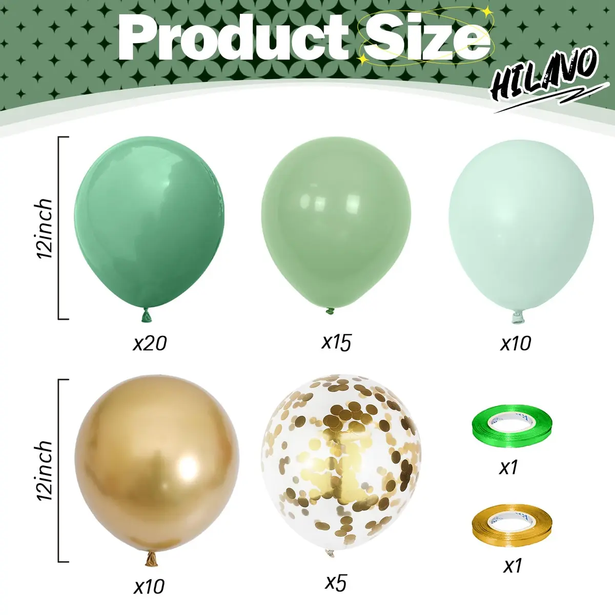 HILAVO Sage Green Balloons Set 60Pcs 12 Inch Olive Macaron Pastel Green Balloons with Metallic Confetti Gold Jungle Latex Balloon | Assorted Colors Value Pack - view 2