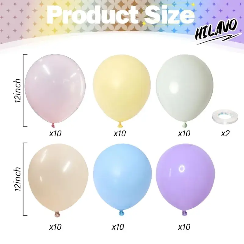 HILAVO Pastel Rainbow Balloons 60Pcs 12 Inch | Assorted Colors Latex Balloon for Party Decorations - view 2