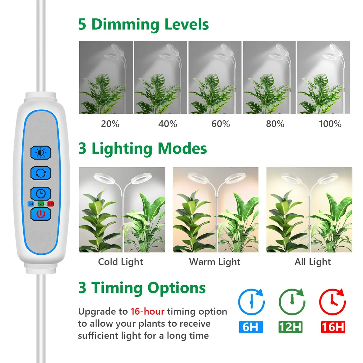 Aumtrly Full Spectrum LED Grow Light with 175cm (68") Stand & Dual Heads | 168 LEDs, 3 Color Modes, 5-Level Dimming, 16-Hour Timer - view 2