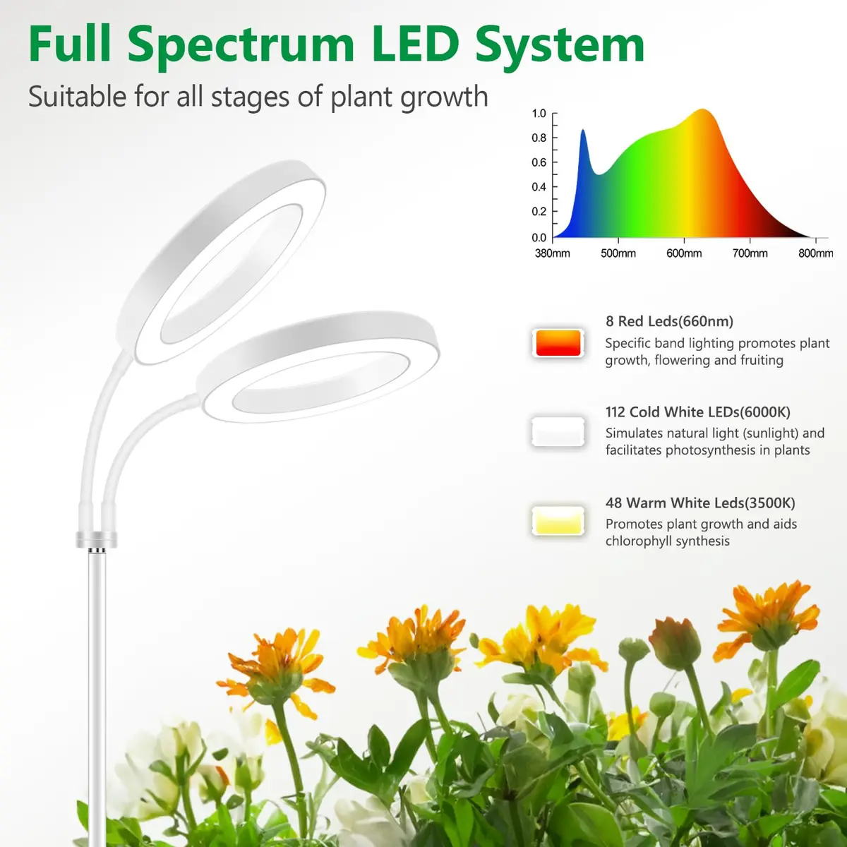 Aumtrly Full Spectrum LED Grow Light with 175cm (68") Stand & Dual Heads | 168 LEDs, 3 Color Modes, 5-Level Dimming, 16-Hour Timer - view 3