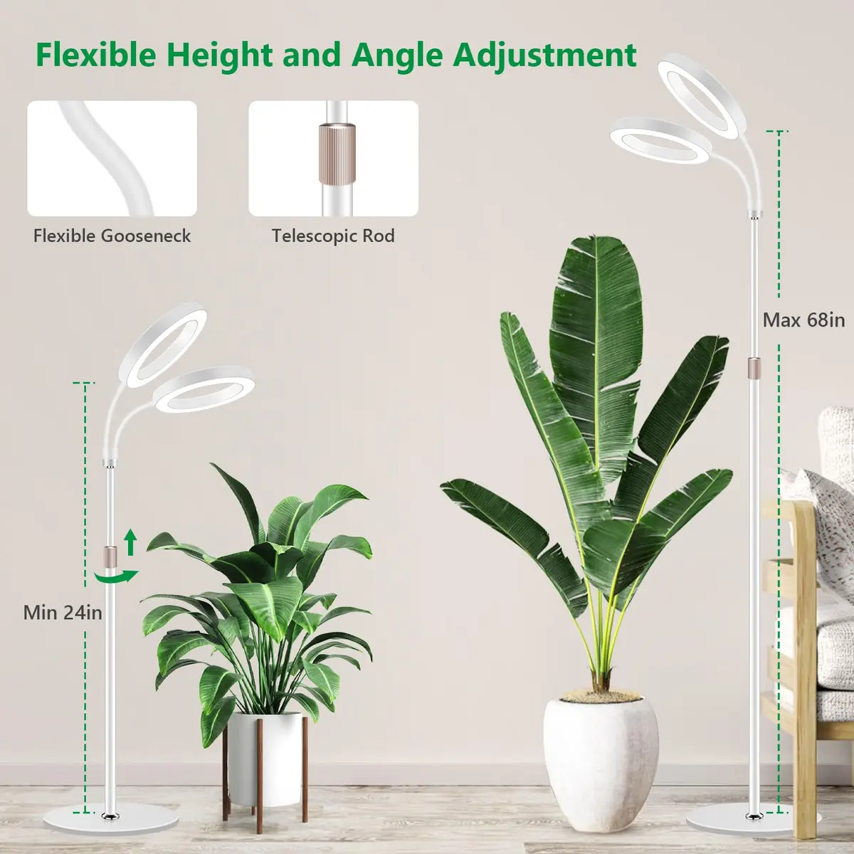 Aumtrly Full Spectrum LED Grow Light with 175cm (68") Stand & Dual Heads | 168 LEDs, 3 Color Modes, 5-Level Dimming, 16-Hour Timer - view 4