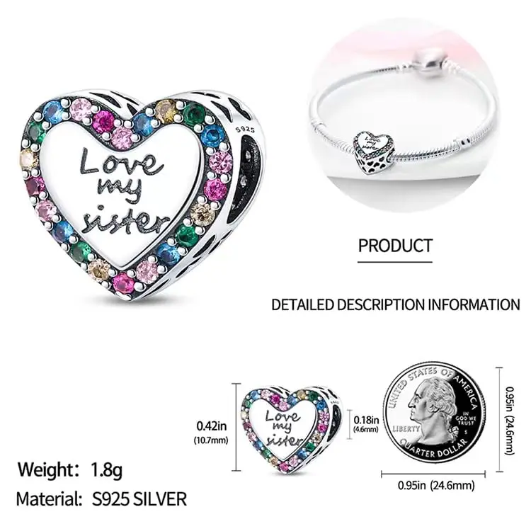 HappyStar 925 Sterling Silver Charms for Bracelets & Necklaces | Bead Pendants with Zircon (4.6mm, 5mm) | Gift for Couples & Sisters - view 5