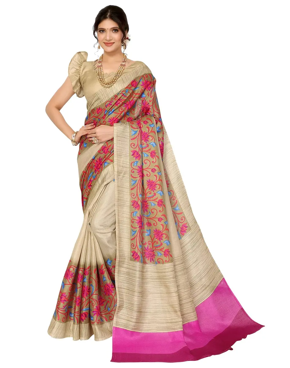 Yashika Women's Printed Woven Art Silk Saree with Unstitched Blouse, Purple 01, 280cm (109in) Length - main product image