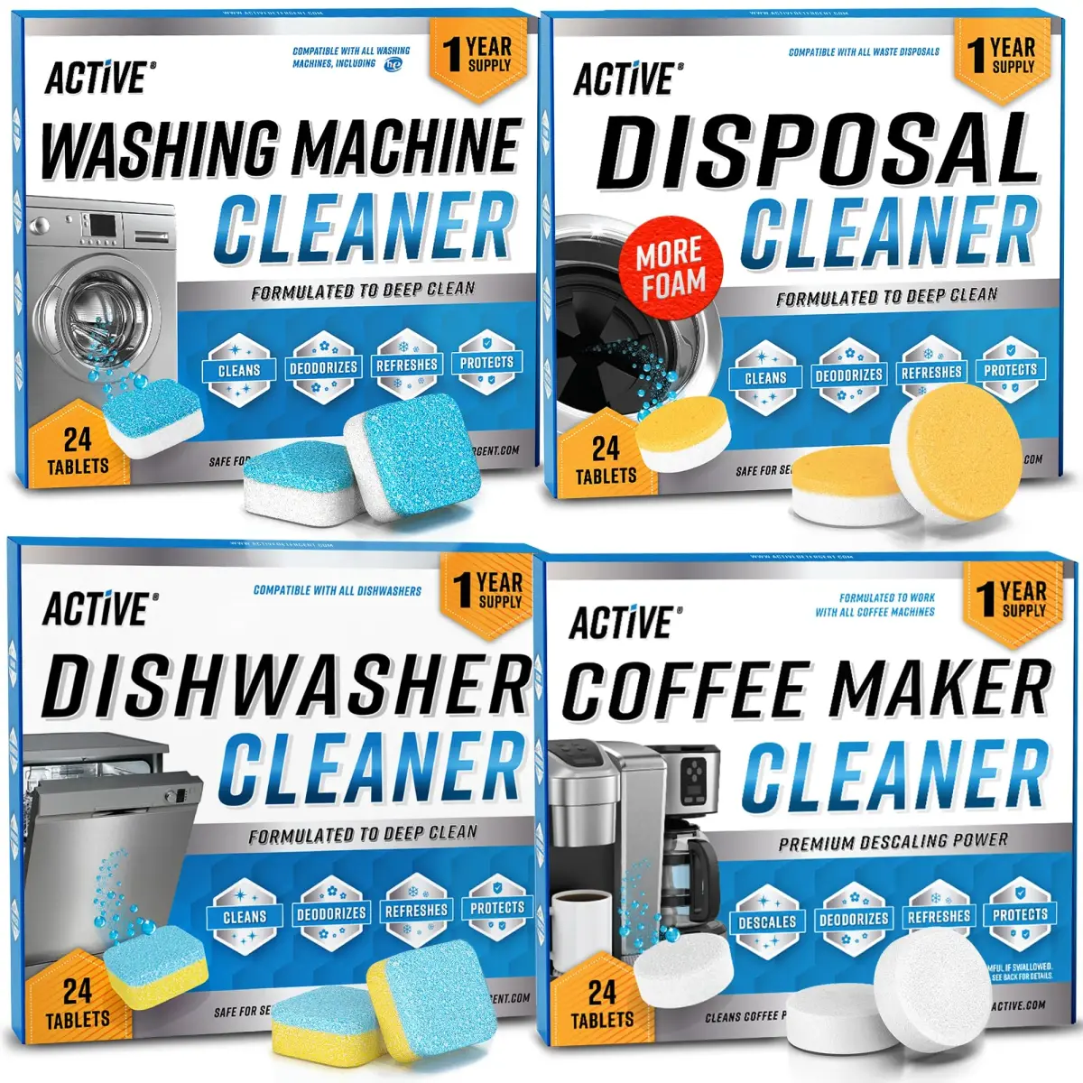 ACTIVE Washer Dishwasher Disposal & Coffee Cleaner Tablets 96 Tabs (2.27 kg / 5 lb) | Year Supply for All Appliances - main product image