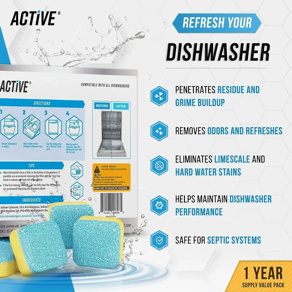 ACTIVE Washer Dishwasher Disposal & Coffee Cleaner Tablets 96 Tabs (2.27 kg / 5 lb) | Year Supply for All Appliances - view 3