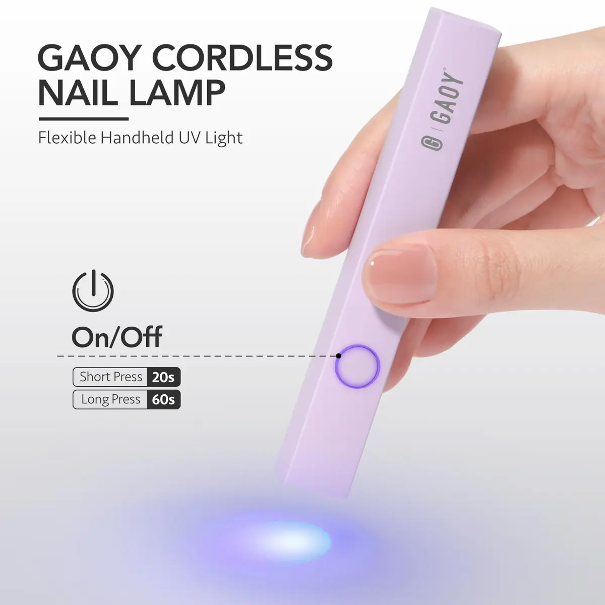 GAOY Handheld UV LED Nail Lamp for Gel Polish Curing 5.39in (13.7cm) Pale Purple | Quick Dry Cordless Manicure Tool - view 2