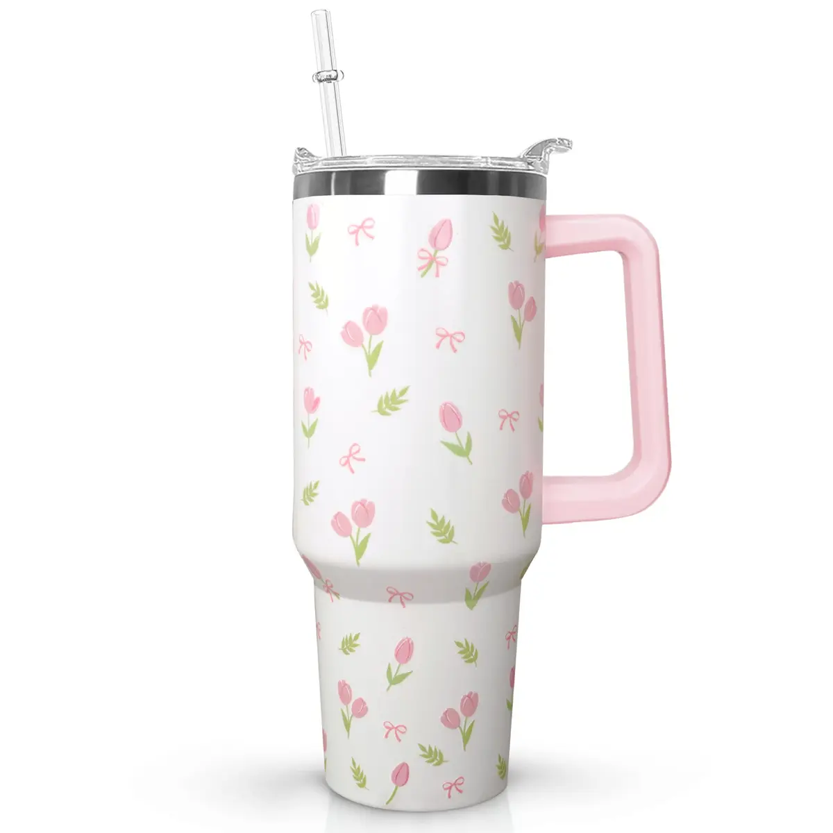Ceovfoi 40 oz Tulip Bow Tumbler with Handle & Straw | Insulated Stainless Steel Flip Top Water Bottle - main product image