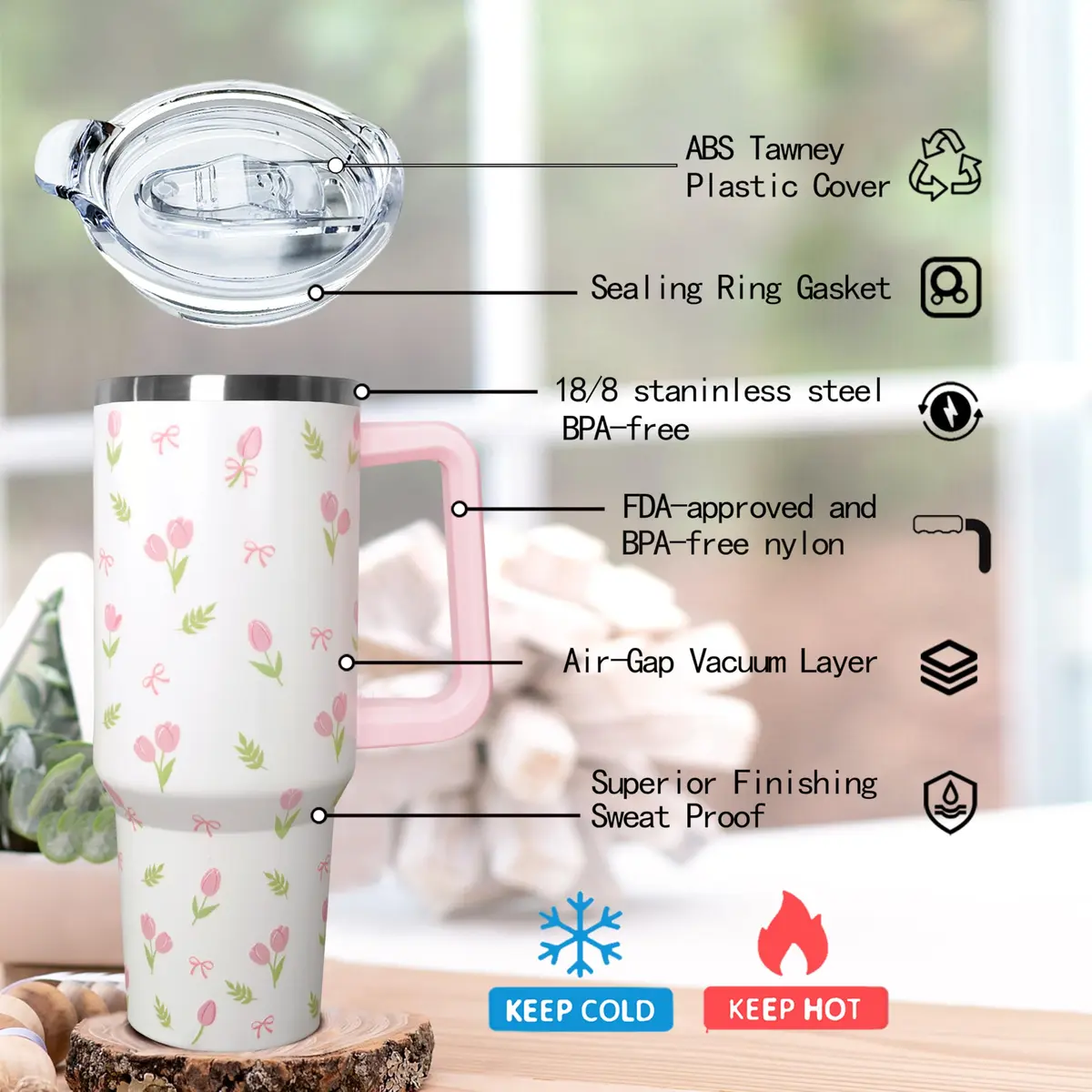 Ceovfoi 40 oz Tulip Bow Tumbler with Handle & Straw | Insulated Stainless Steel Flip Top Water Bottle - view 5