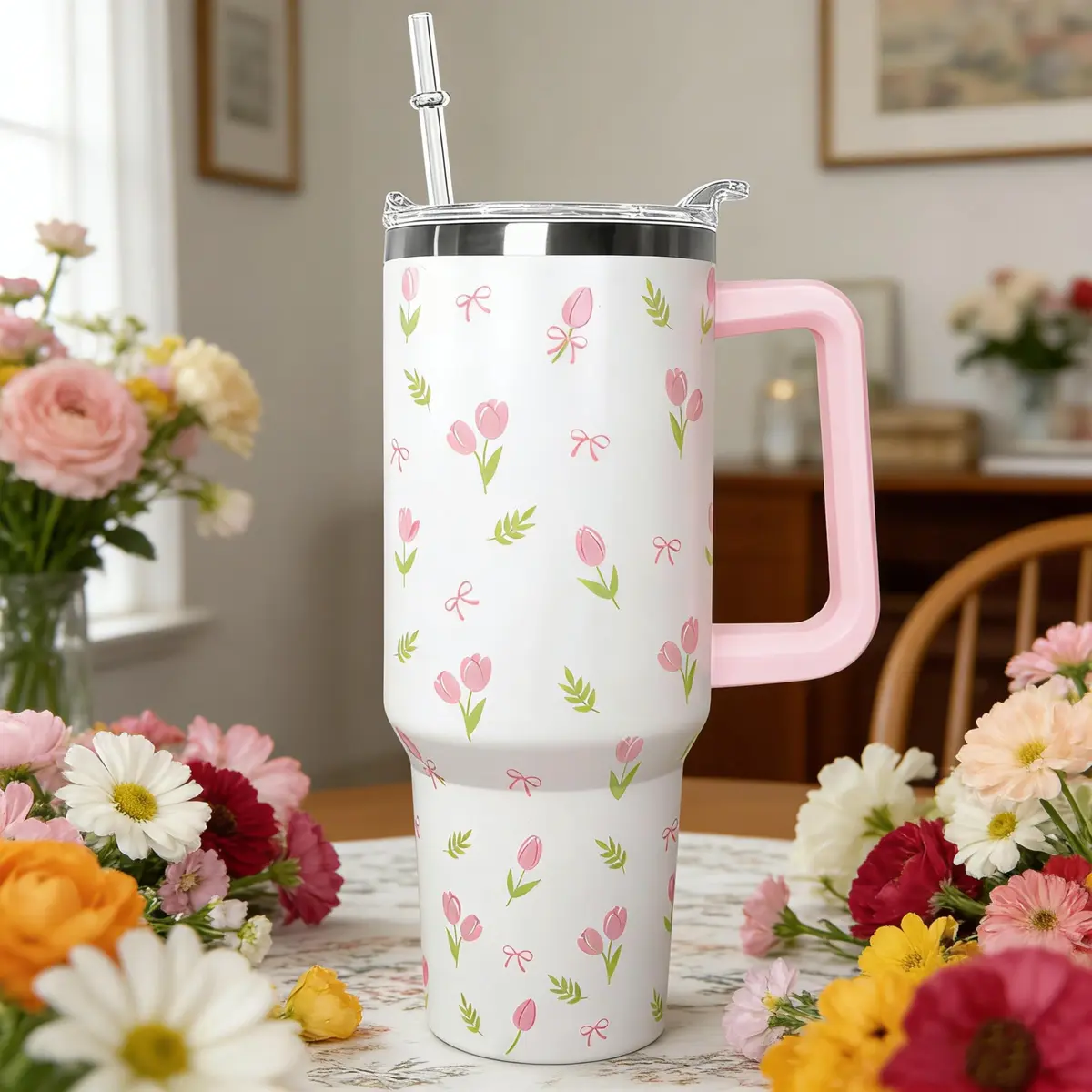 Ceovfoi 40 oz Tulip Bow Tumbler with Handle & Straw | Insulated Stainless Steel Flip Top Water Bottle - view 6